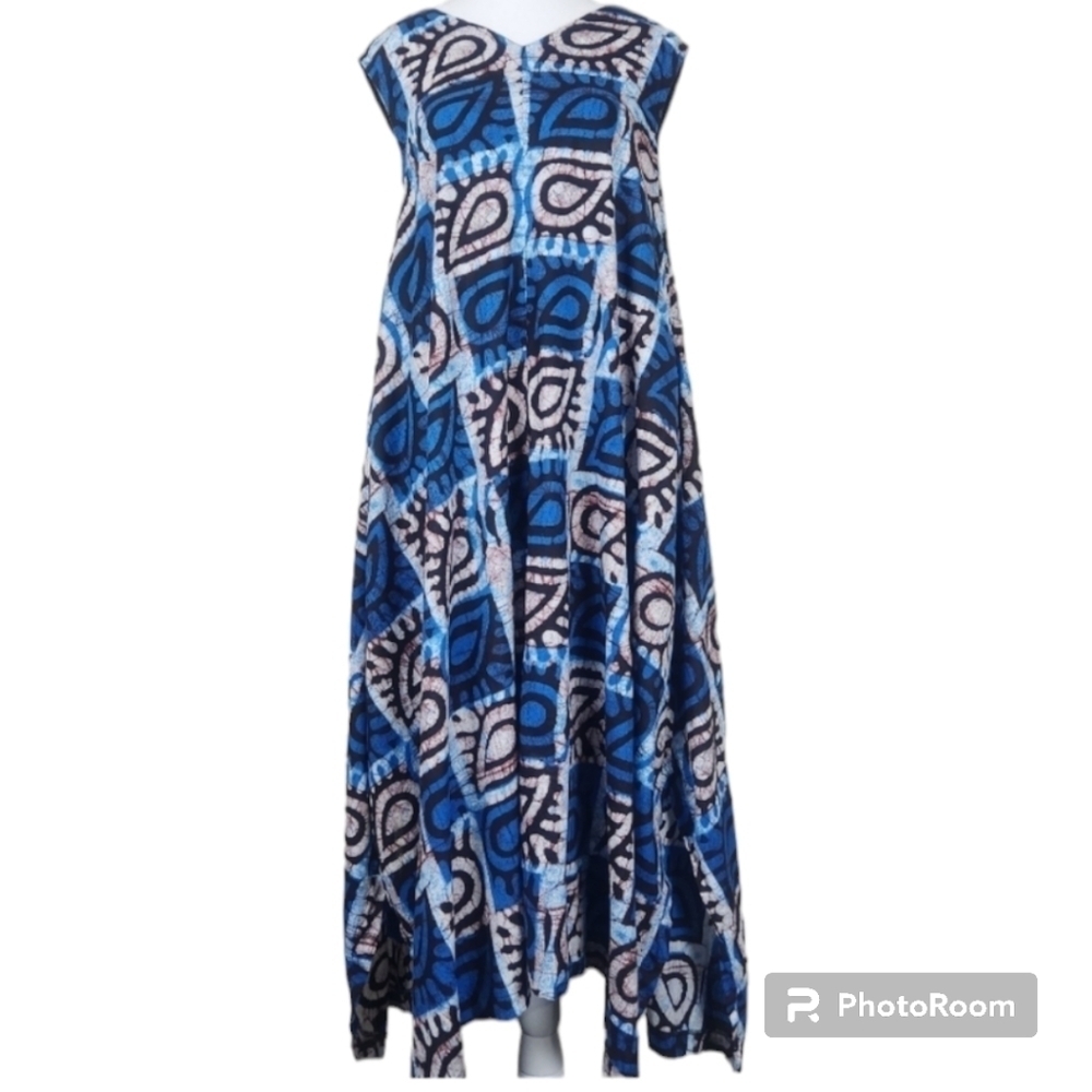 Blue Patterned V-Neck Maxi Dress